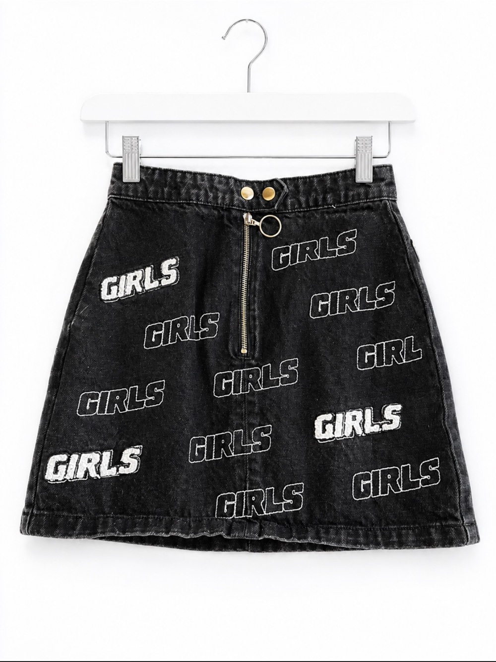 Topshop Moto Y2K” GIRLS “Graphic O-Ring Zip Black Denim Mini Skirt US 4
